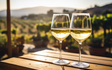 Copy space banner with Two Glass Of white Wine With sunset wine yard in the Background. Italy Tuscany Region.