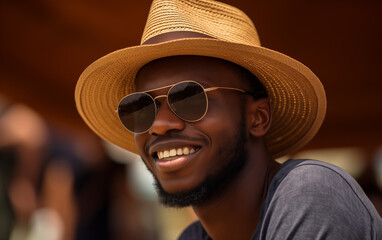 Smiling happy african american guy in straw hat and sunglasses enjoying summer.copy space banner