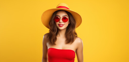 Cute asian model in sunglasses,straw hat and swimsuit on yellow background. summer studio copy...