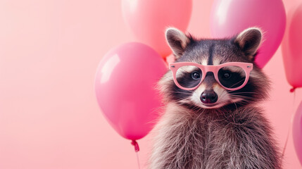 A raccoon with glasses and pink balloons and boas on a pink background with space for your text