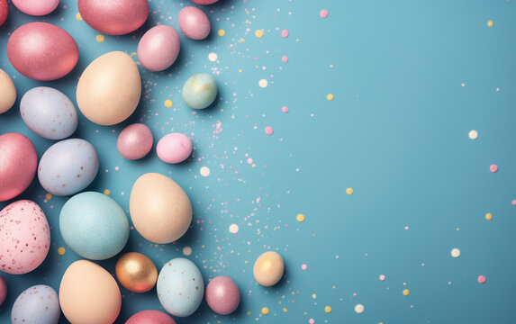 There Are Many Different Colored Easter Eggs On A Blue Background