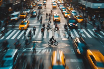 Cyclist Commutes Through Busy Urban Environment - obrazy, fototapety, plakaty