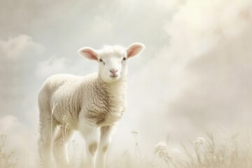 Fototapeta premium Serene And Pure Lamb Radiates Peaceful Symmetry In Perfectly Centered Photograph With Ample Copy Space