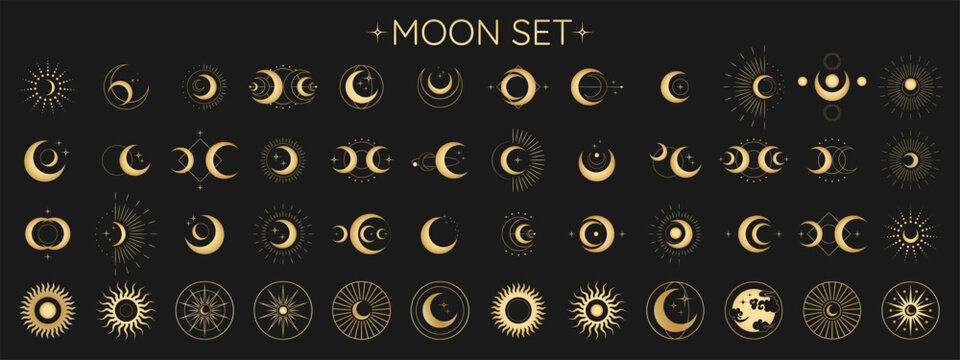 Circle pattern set with clouds, moon, sun, stars. Sun, moon phases, crystals, magic symbols. Vector collection in oriental chinese, japanese, korean style. Line hand drawn illustration EPS 10