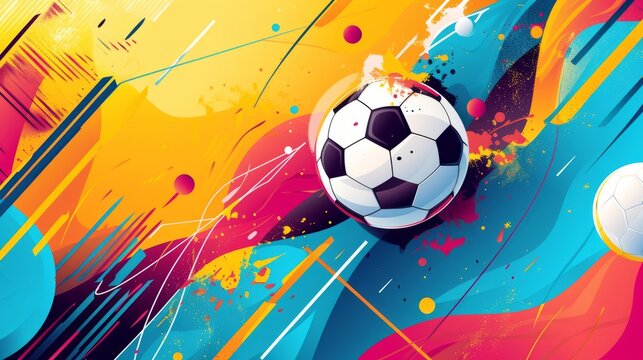Generate a vibrant and energetic soccer-inspired graphic background using stylized elements like balls