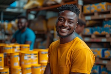 Fototapeta premium A positive warehouse worker organizing canned food packages, ensuring a cheerful shopping experience.