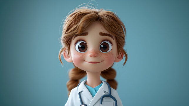 cartoon girl Doctor standing and thinking, wearing a doctor's uniform, on a blue background. 
