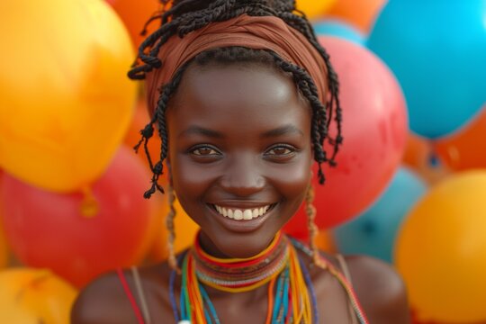 A joyful Kenyan girl with traditional accessories, celebrating a colorful festival with balloons.