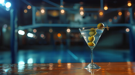 Cinematic wide angle photograph of a martini glass with an olive at a volleyball stadium. Product...