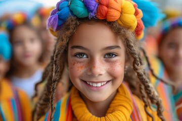 Fototapeta premium An excited and lively girl in a colorful costume, participating in a cheerful cultural celebration outdoors.