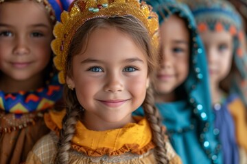 Children in vibrant costumes, excited and smiling, celebrating tradition and culture outdoors during a festive performance.
