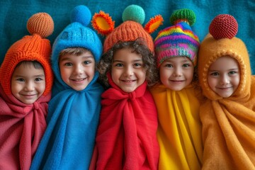 Fototapeta na wymiar A group of happy children wrapped in soft towels, wearing hats, showcasing friendship and fun.