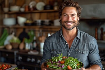 A handsome and smiling waiter in a cafe, proudly holding a plate of delicious and healthy vegetarian salad. - obrazy, fototapety, plakaty