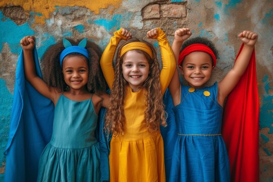 A Diverse Trio Of Girls In Colorful Costumes, Expressing Happiness And Togetherness In A Joyful Outdoor Celebration.