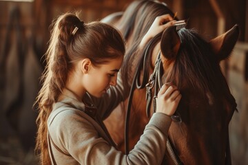 Symmetrical Photo Of A Woman Brushing Her Horse's Mane In The Barn, With Center Composition And Copy Space