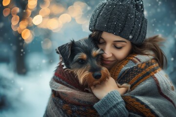 Perfectly Symmetrical And Centered Photo: Woman Cuddles With Her Dog On A Cozy Winter Evening