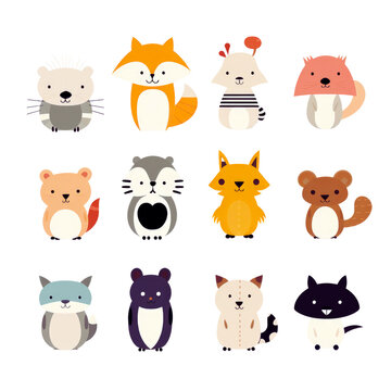 Collection of Cute Cartoon Animals. An adorable set of various cartoon animals with big eyes on a black background.

