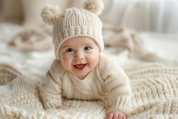 Adorable Baby Joyfully Playing In Cozy Knitted Attire Indoors