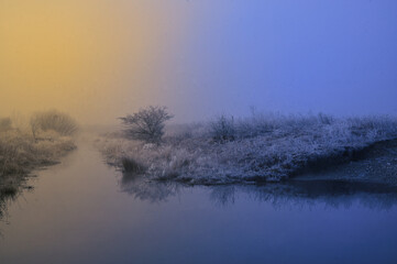 Beautiful winter sunrise on river - 729337498
