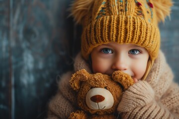 Child In Cozy Hat Cuddles Teddy Bear, Radiating Warmth And Cuteness
