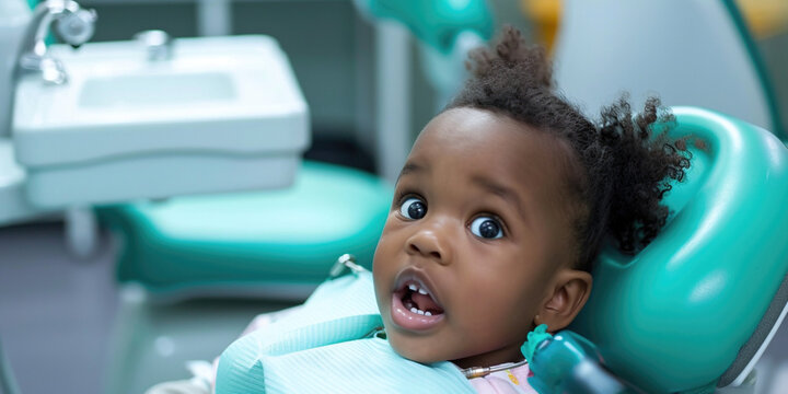 African American scared shocked toddler baby with open mouth sitting in dentist chair exposing white teeth. Funny child kid for pediatric dentistry. Children treatment teeth, medical checkup concept