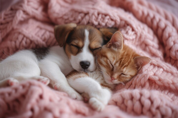 Delightful Photo Of Puppy And Cat Cuddling Lovingly On Pink Blanket