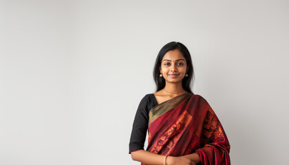 A confident, middle-class, working Indian woman in an elegant cotton sari pose and smiling for the camera