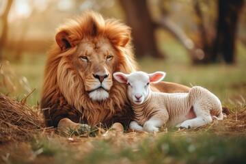 Lion And Lamb Peacefully Coexist, Symbol Of Harmony And Serenity