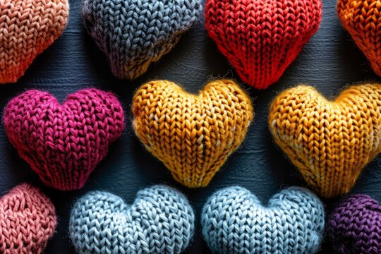 Symmetrical Photo Of Festive Knitted Hearts In Various Colors, Ideal For Valentine's Day Gifts With Centered Composition And Copy Space