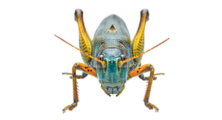 Macro image of grasshopper in center on white background.Image created by AI