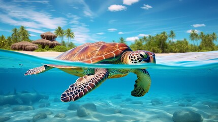 Digital art of a sea turtle swimming in the ocean, in front of a tropical island in summer. This artwork is inspired by the beauty of the tropical ocean and marine life