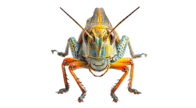 Macro image of grasshopper in center on white background Image created by AI
