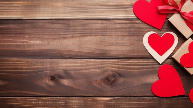 Different red heart shapes and card with love garland on wood background