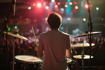 Naklejka premium A drummer at a concert in the background of the audience, with his back playing the drums