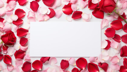 Blank text card surrounded by red rose petals and roses. Greeting card or marketing message for Valentine's Day. Valentine's Day promotion or sale. Love letter or message. Copy space for advertising.