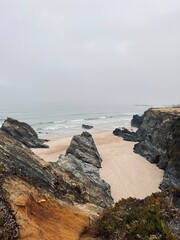 Rocky ocean coast, ocean bay, blue sky