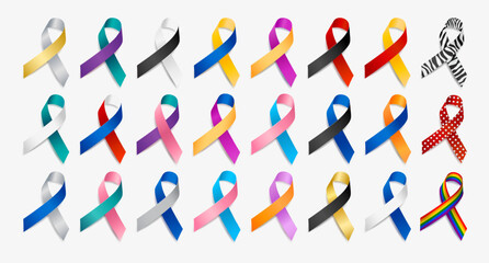 Set of realistic different multi color ribbon awareness ribbons. Elements for design. Vector ribbon various colors isolated on white background