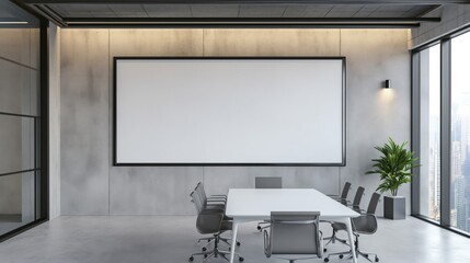 A meeting room with white chairs and a large white board on the wall