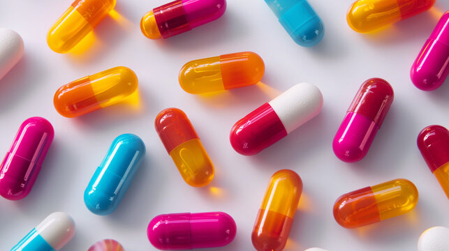 Assorted colorful capsules on a surface