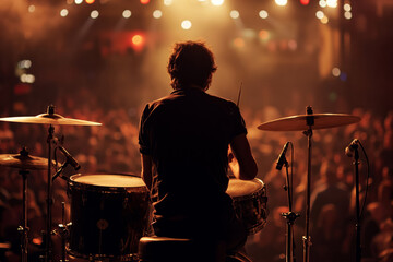 A drummer at a concert in the background of the audience, with his back playing the drums