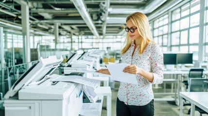 Woman with glasses in the office with a printer. A professional woman attending to the office printer. - obrazy, fototapety, plakaty