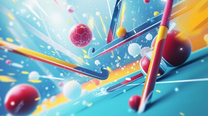 Create an energetic and modern graphic background for field hockey, featuring stylized hockey sticks, balls, and a dynamic playfield in a visually appealing composition - obrazy, fototapety, plakaty