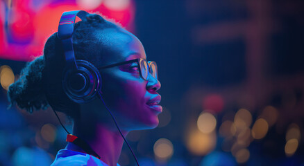 Black young female event manager or party planner woman wearing headset earphones with microphone, live concert party show in background with colorful spotlights and copy space - obrazy, fototapety, plakaty