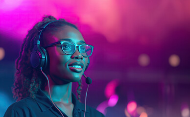 Black young female event manager or party planner woman wearing headset earphones with microphone, live concert party show in background with pink and green retro spotlights and copy space