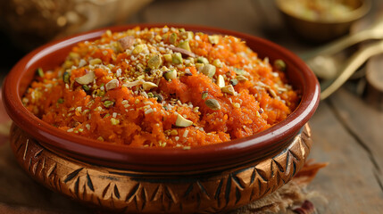 Delicious Gajar ka Halwa in a metal bowl, garnished with nuts