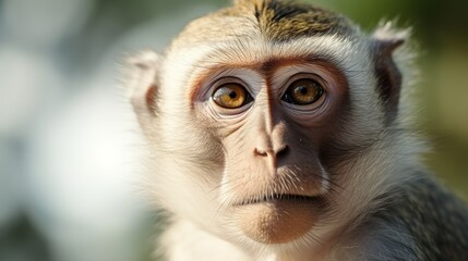 Macaque close-up in its natural habitat. Monkeys from Southeast Asia.