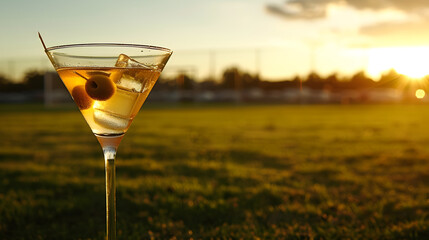 Cinematic wide angle photograph of a martini glass with an olive at a soccer field. Product...