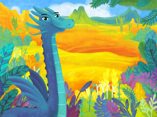 cartoon scene with forest jungle meadow wildlife with dragon dino dinosaur animal zoo scenery illustration for children © honeyflavour