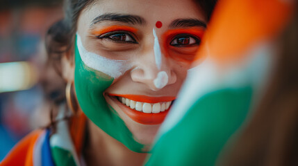Obraz premium Energetic Indian woman joyfully cheers at a cricket match, tricolor face paint