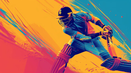 Design a dynamic cricket-themed graphic background with powerful and stylized representations of a...